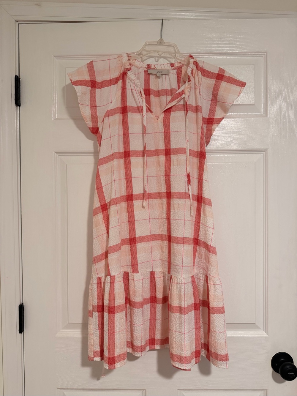 LOFT Coral Pink Plaid Tie-Neck Dress